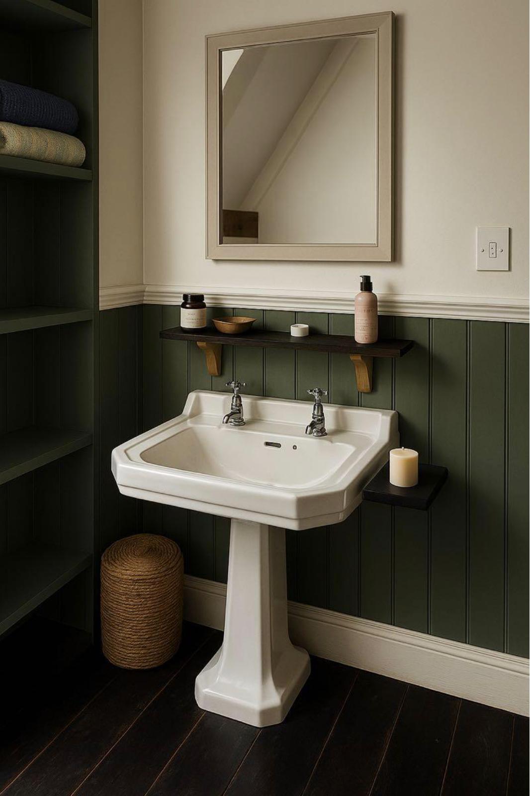 Traditional bathroom finished with deep green panelling and precise painted woodwork